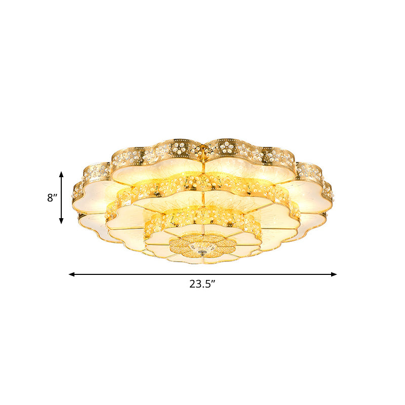 LED Flush Mount Fixture Contemporary Bedroom Ceiling Lamp with Flower Crystal Shade in Gold