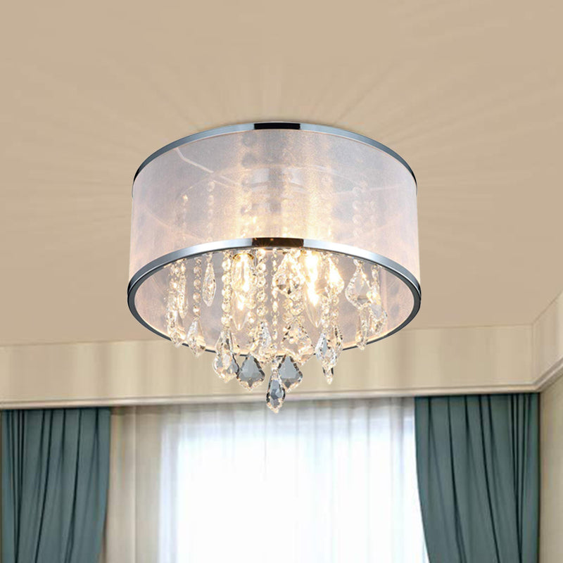 Drum Shade Fabric Flush Mount Fixture Simple 4 Lights Bedroom Close to Ceiling Light in Chrome with Crystal Accent