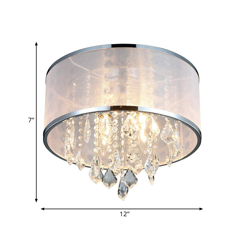 Drum Shade Fabric Flush Mount Fixture Simple 4 Lights Bedroom Close to Ceiling Light in Chrome with Crystal Accent