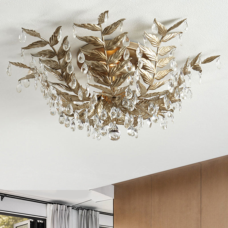 Crystal Orb Gold/Black Semi-Flush Mount Leaf 10 Heads Classic Style Close to Ceiling Light for Bedroom
