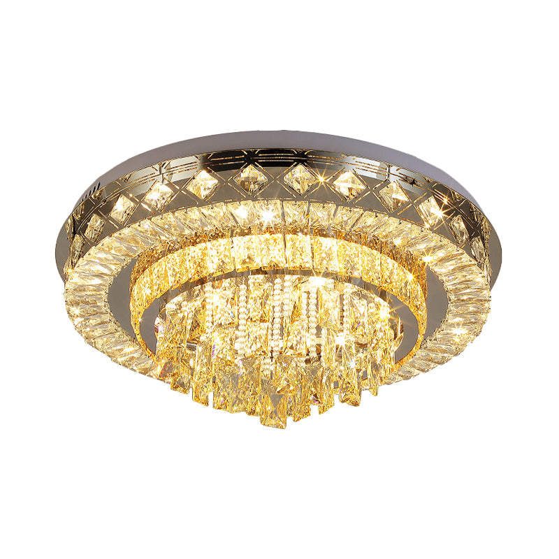Faceted Cut Crystal Tiers Ceiling Flush Modernist Living Room LED Flush Mount Light in Chrome