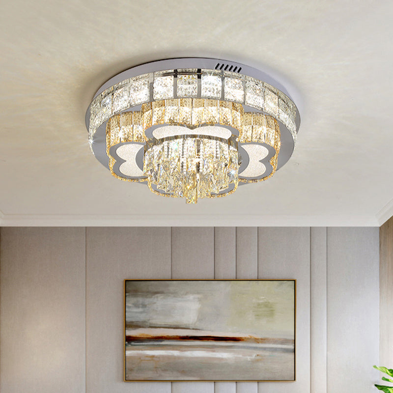 Faceted Cut Crystal Tiers Ceiling Flush Modernist Living Room LED Flush Mount Light in Chrome