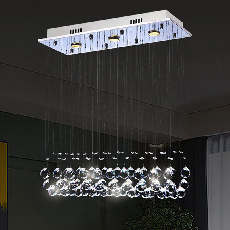 Dangling Crystal Ball LED Flush Light Modern Chrome Rectangular Dining Room Ceiling Mount Lamp