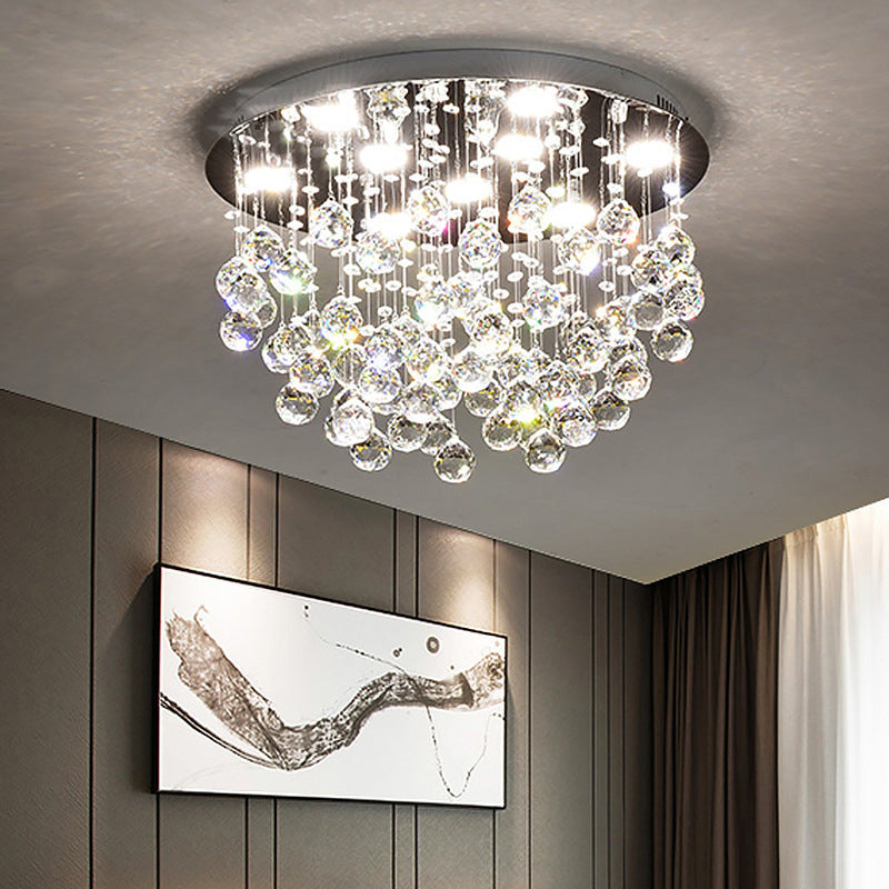 Crystal Orbs Fountain Flush Mount Light Modernist 9-Light Living Room Close to Ceiling Lamp in Chrome