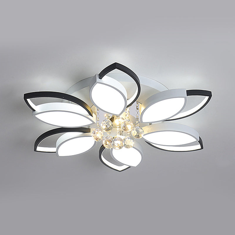 Petals Bedroom Flush Mount Light Nordic Acrylic Black-White LED Ceiling Lighting with Crystal Ball Drop, Warm/White Light