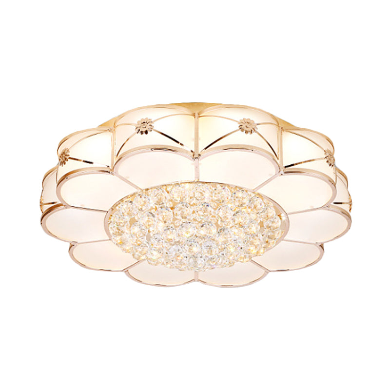 Gold LED Ceiling Light Modern Frosted Glass Layered Petals Flush Mount Fixture with Crystal Ball Drop