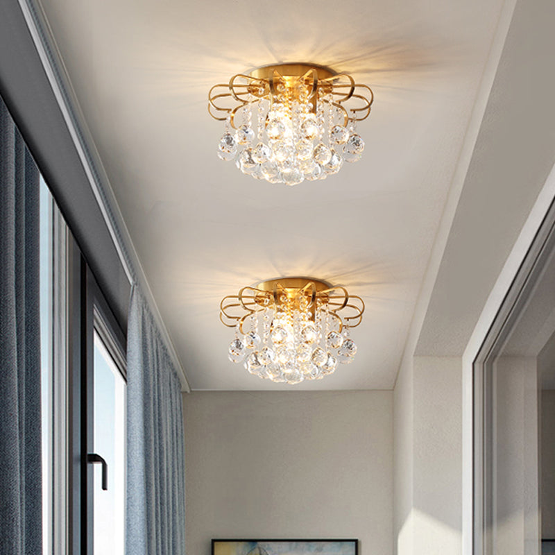 3-Bulb Faceted Crystal Orb Ceiling Flush Vintage Gold Flower Living Room Flush Mount Chandelier