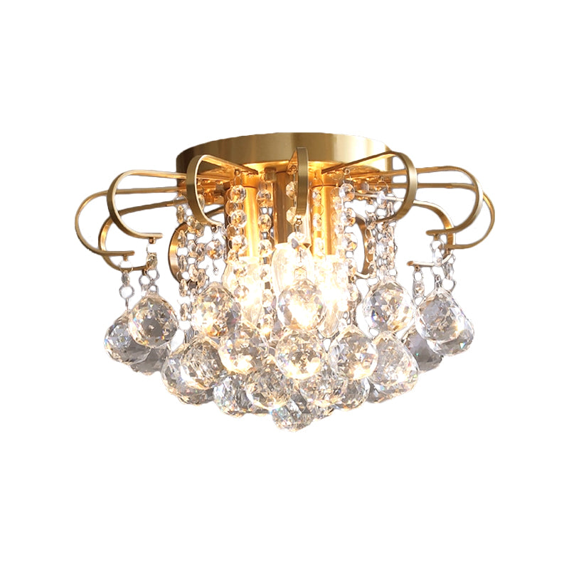 3-Bulb Faceted Crystal Orb Ceiling Flush Vintage Gold Flower Living Room Flush Mount Chandelier