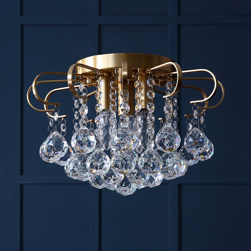 3-Bulb Faceted Crystal Orb Ceiling Flush Vintage Gold Flower Living Room Flush Mount Chandelier