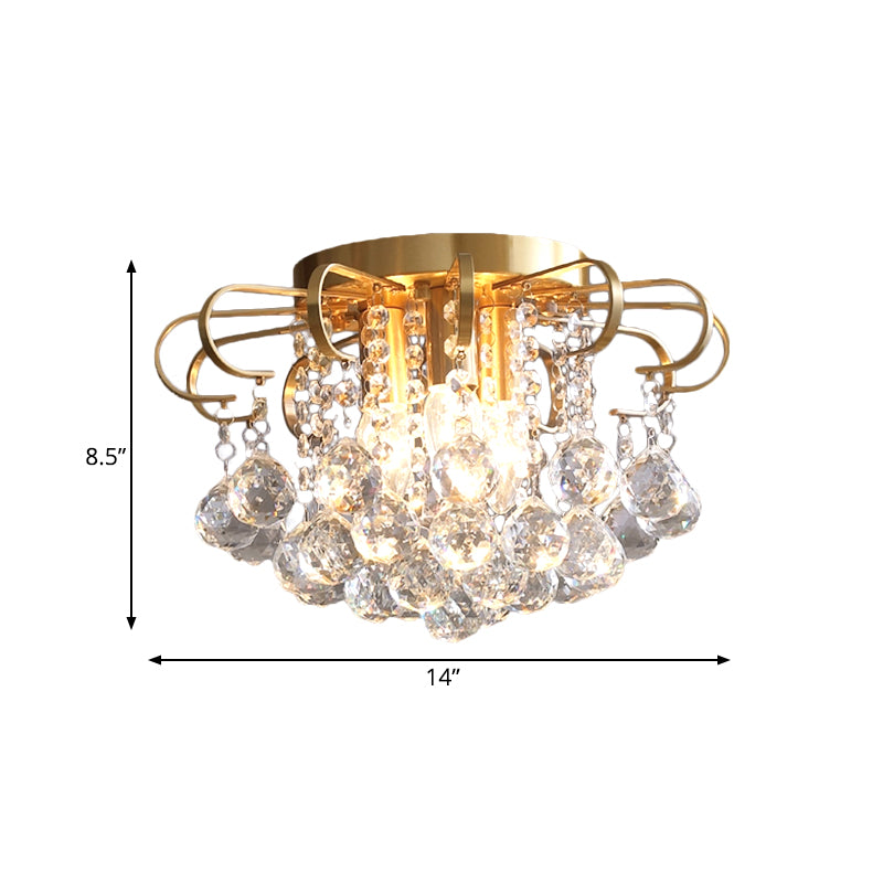 3-Bulb Faceted Crystal Orb Ceiling Flush Vintage Gold Flower Living Room Flush Mount Chandelier
