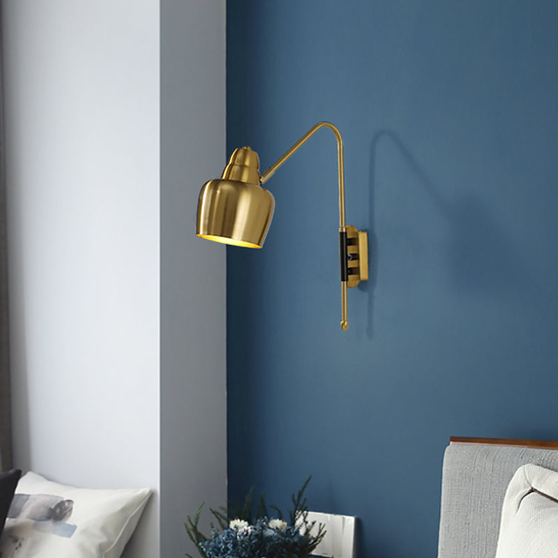 Iron Bowled Wall Mounted Lamp Vintage 1-Light Bedroom Wall Light Sconce in White/Gold with Curved Arm