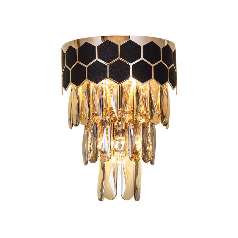 Black 4-Layer Sconce Light Fixture Modernist Beveled Crystal Prism 1 Light Indoor Wall Lamp