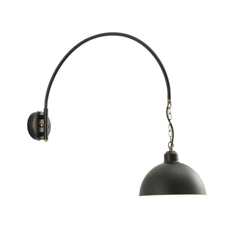 1 Bulb Wall Mount Light Fixture Warehouse Dome Metallic Wall Lamp Sconce in Black with Curved Arm