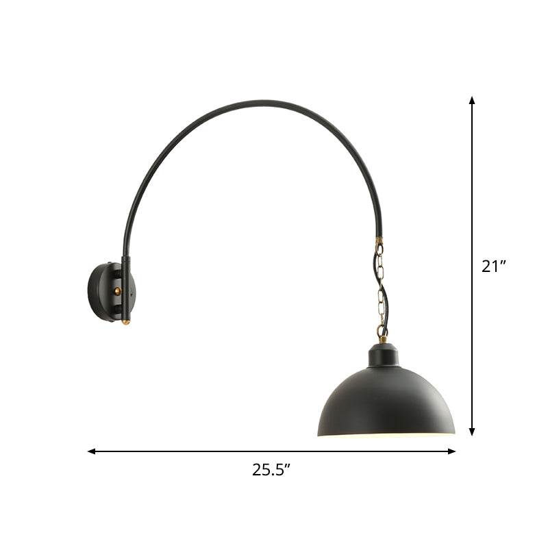 1 Bulb Wall Mount Light Fixture Warehouse Dome Metallic Wall Lamp Sconce in Black with Curved Arm