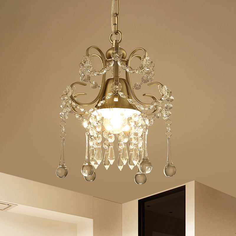 Crystal Drip Scrolling Pendant Light Fixture Modernist 1 Head Cloakroom Suspension Lamp in Gold