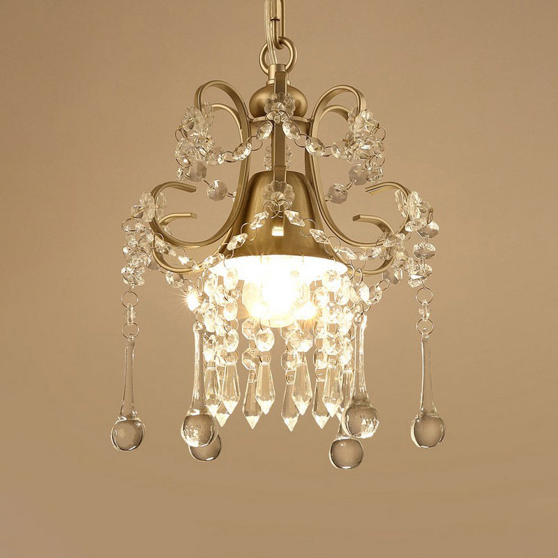 Crystal Drip Scrolling Pendant Light Fixture Modernist 1 Head Cloakroom Suspension Lamp in Gold