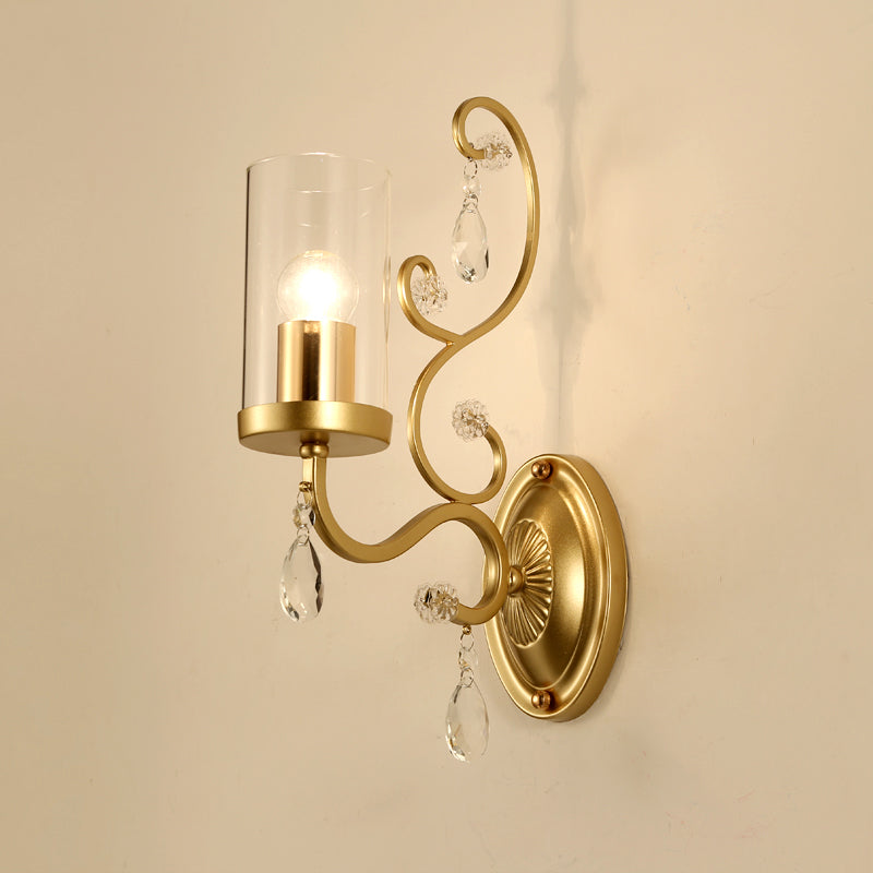 1/2-Bulb Clear Glass Wall Mounted Light Simple Brass Finish Cylinder Wall Lighting Ideas with Crystal Accent