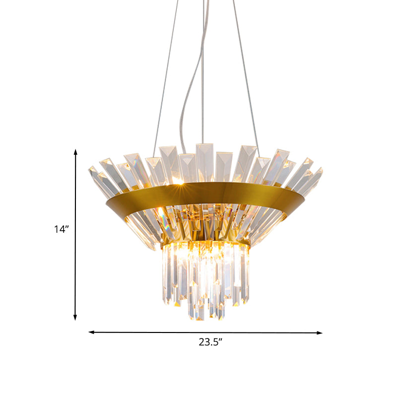 9-Bulb Rectangular-Cut Crystal Chandelier Postmodern Gold Cone Dining Table Suspension Light