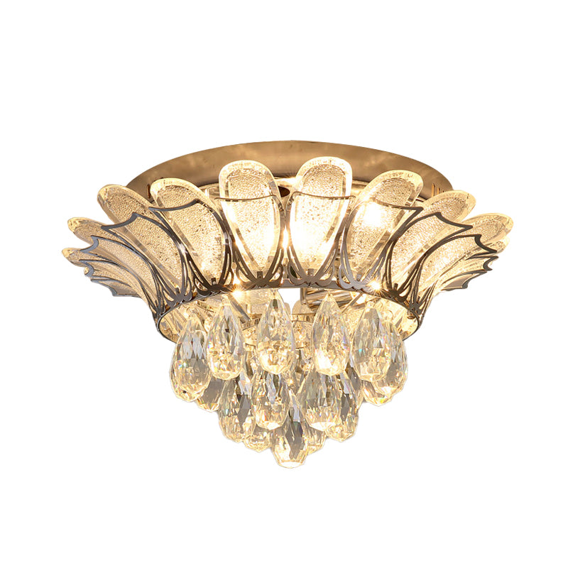 Clear Glass Petals Flush Light Simple Bedroom LED Flush Mount Ceiling Fixture with Crystal Droplet