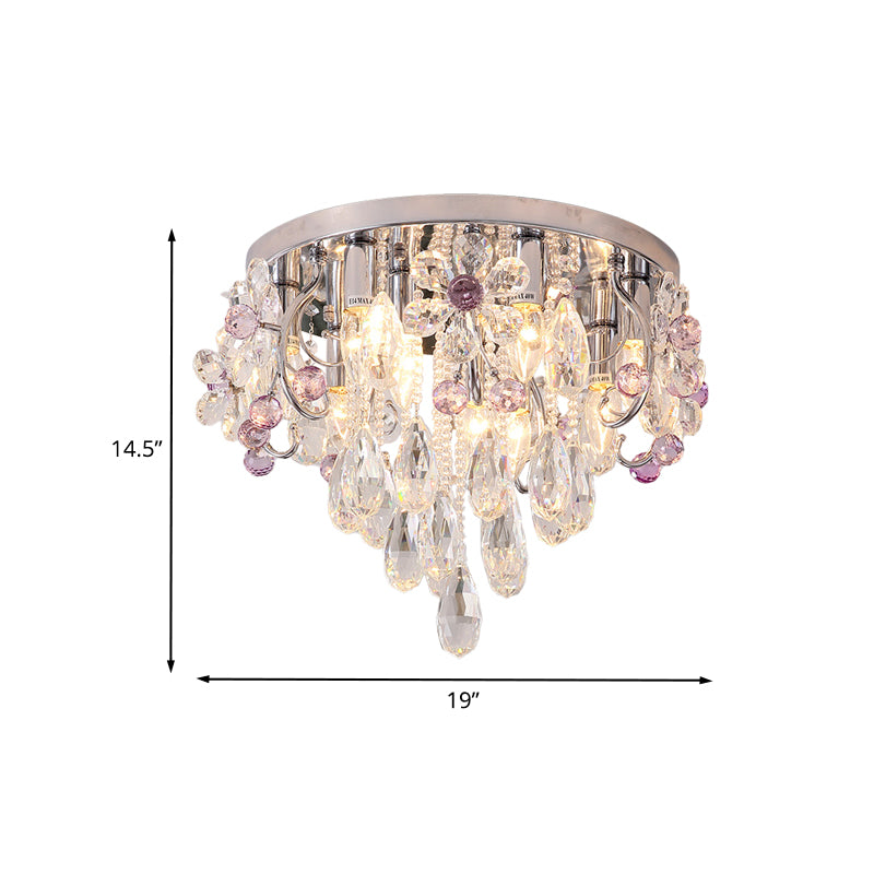6 Lights Flower Crystal Flush Mount Romantic Modern Chrome Draping Bedroom Ceiling Lamp