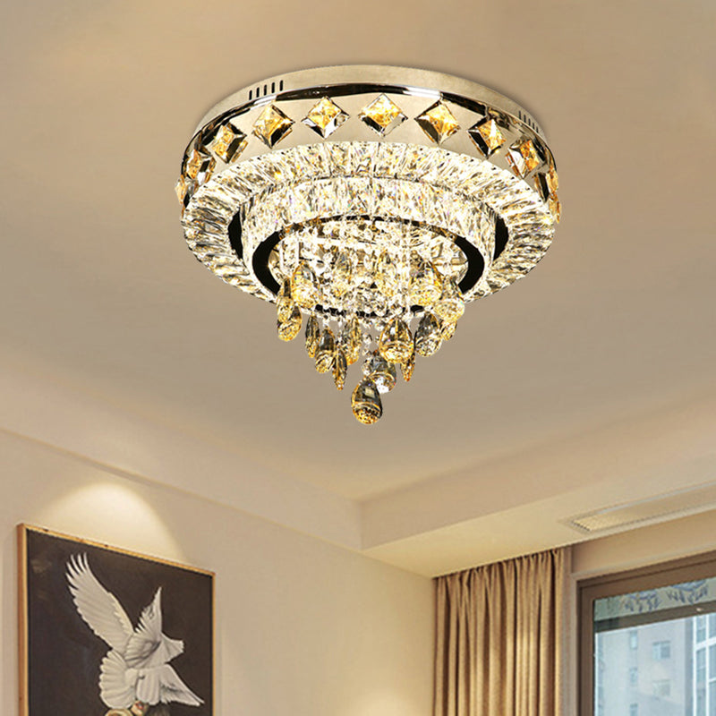 19.5"/23.5" Wide Chrome LED Ceiling Flush Contemporary Crystal 2-Tier Flush Mount Lamp with Drop