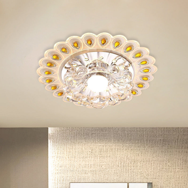 LED Close to Ceiling Lighting Romantic Modern Floral Small Clear Crystal Flush Mount with Peacock Feather Element