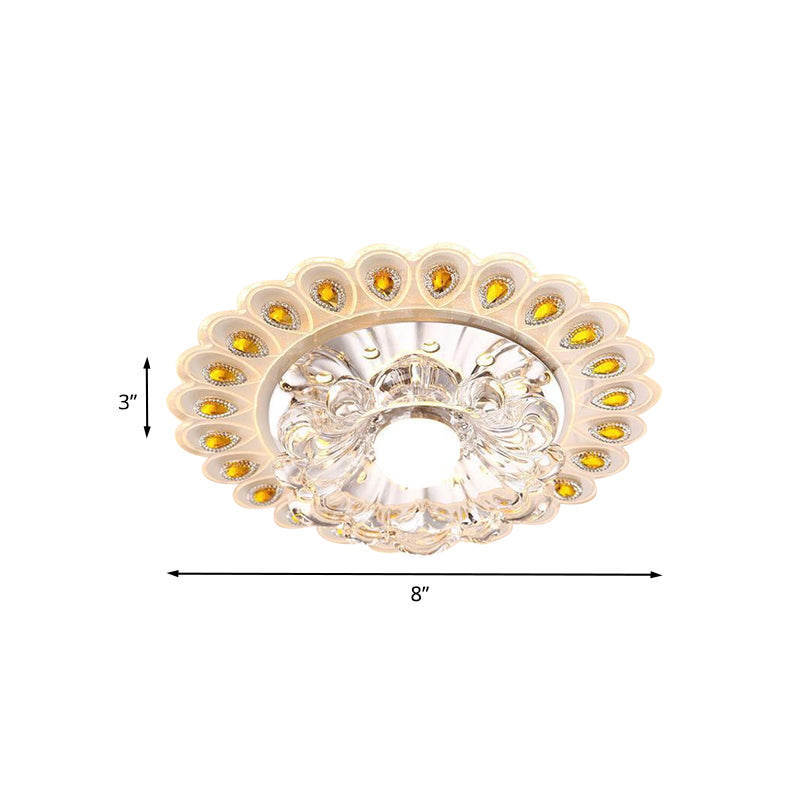 LED Close to Ceiling Lighting Romantic Modern Floral Small Clear Crystal Flush Mount with Peacock Feather Element