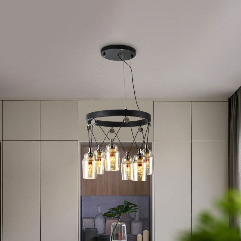 Cocktail 6-Light Shaker Chandelier Loft Black Clear Glass Suspension Pendante