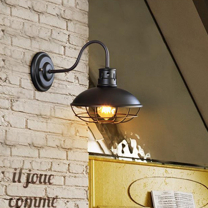 Wide Bowl Iron Wall Lamp Industrial Style 1-Light Bistro Sconce Wall Light with Bottom Wire Cage in Black/Coffee