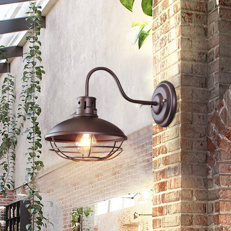 Wide Bowl Iron Wall Lamp Industrial Style 1-Light Bistro Sconce Wall Light with Bottom Wire Cage in Black/Coffee