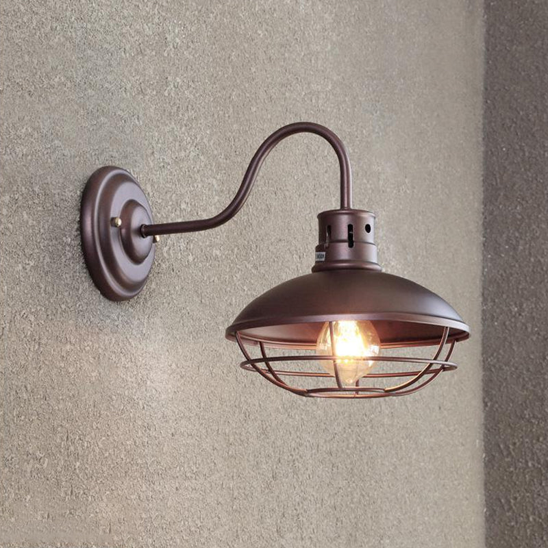 Wide Bowl Iron Wall Lamp Industrial Style 1-Light Bistro Sconce Wall Light with Bottom Wire Cage in Black/Coffee