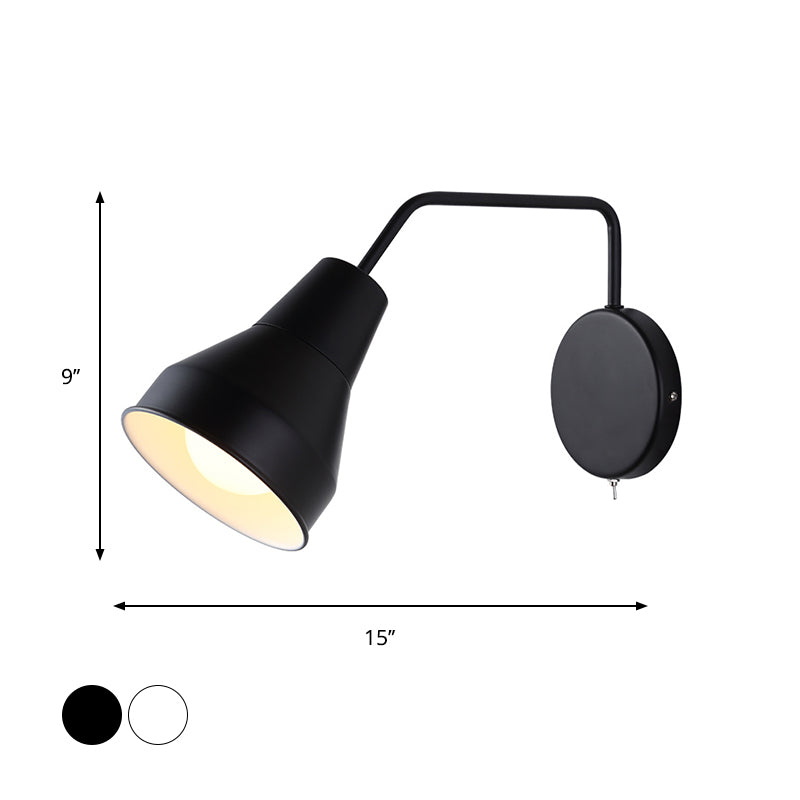 Black/White 1-Head Task Wall Light Iron Horn Shape Wall Mount Lighting Fixture with Bent Swing Arm