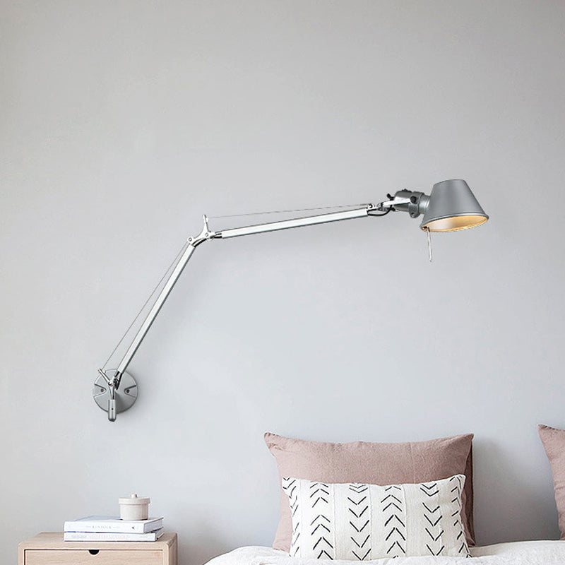 1 Glühbirnenkegelschatten Wandmontierte Lampe Industrielle Schwarz/Silber -Aluminium -Aufgabe Wandleuchte mit Schwung Arm