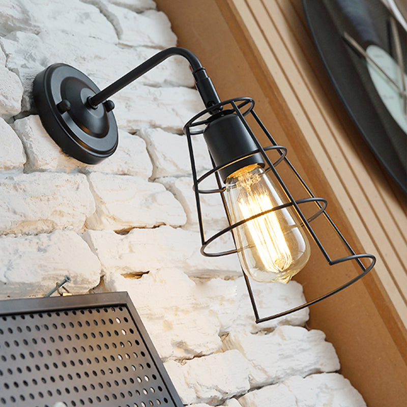 Black Cone Cage Rotating Wall Lamp Industrial Metal 1 Head Bedroom Sconce Wall Lighting