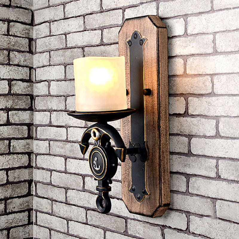 Black Cylinder Wall Hanging Light Industrial Frosted Glass 1/2-Light Dining Room Sconce with Anchor Design