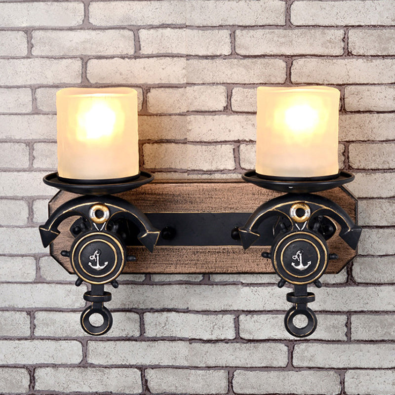 Black Cylinder Wall Hanging Light Industrial Frosted Glass 1/2-Light Dining Room Sconce with Anchor Design
