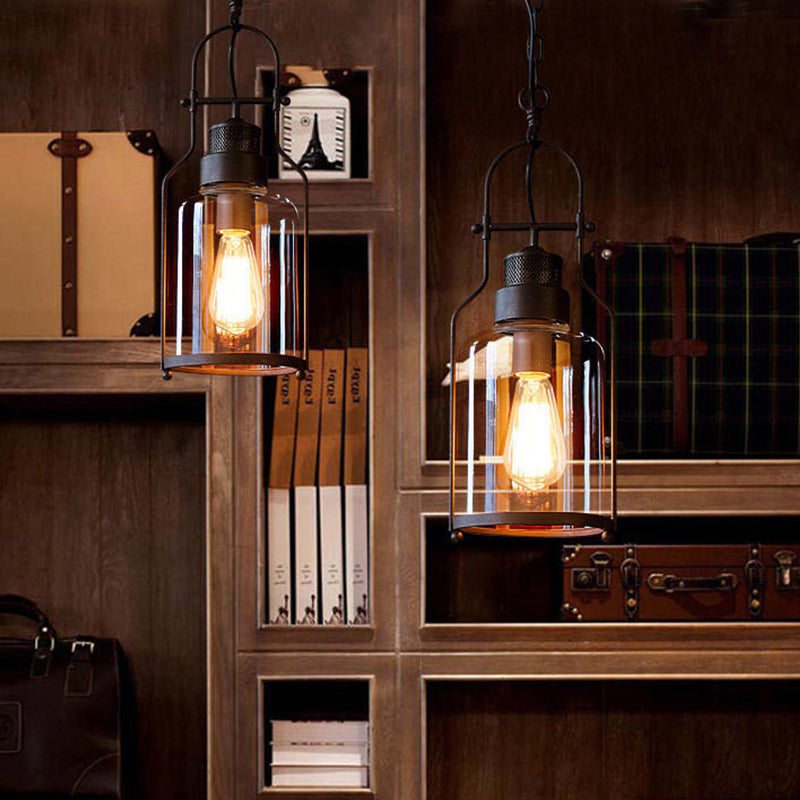 1-Bulb Clear Glass Hanging Pendant Warehouse Style Black Cylinder Restaurant Ceiling Light with Metal Frame