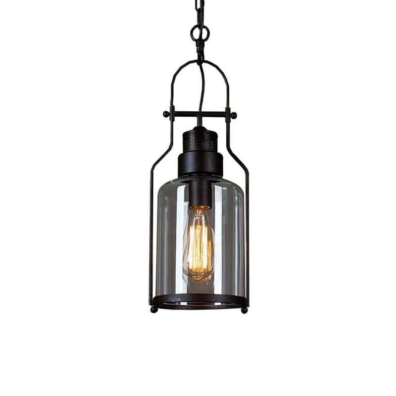 1-Bulb Clear Glass Hanging Pendant Warehouse Style Black Cylinder Restaurant Ceiling Light with Metal Frame