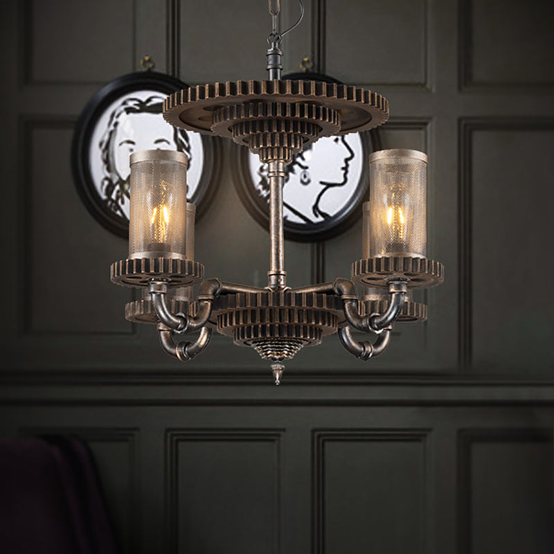 Cilindro de almacén Candelier colgante 4 luces Kit de luz colgante de metal en negro con engranaje deco