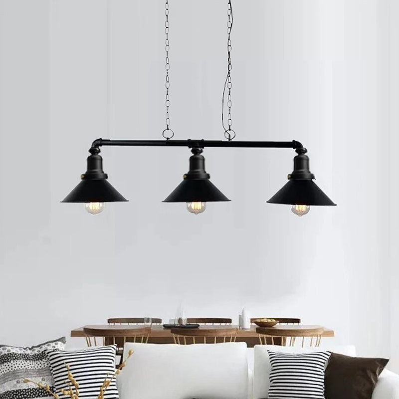 3 Lights Conical Island Light Fixture Vintage Black Finish Metal Pendant Lighting for Dining Room