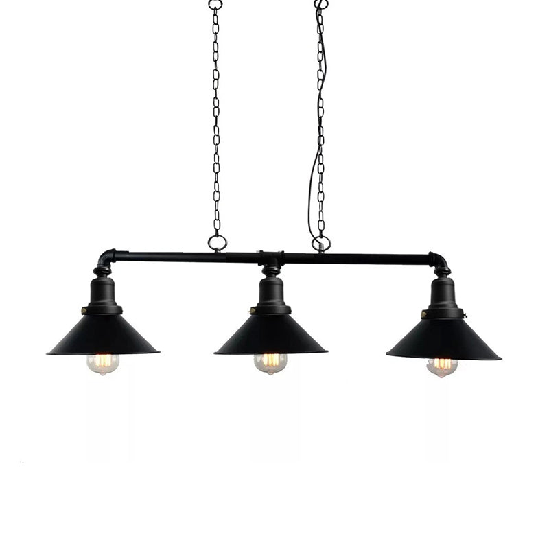 3 Lights Conical Island Light Fixture Vintage Black Finish Metal Pendant Lighting for Dining Room