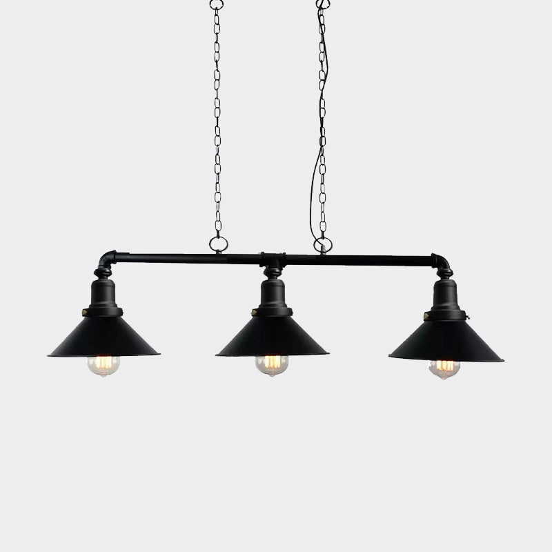 3 Lights Conical Island Light Fixture Vintage Black Finish Metal Pendant Lighting for Dining Room