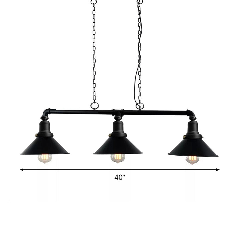 3 Lights Conical Island Light Fixture Vintage Black Finish Metal Pendant Lighting for Dining Room