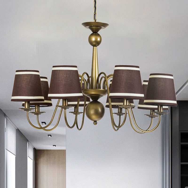 8-Bulb Tapered Chandelier Light Fixture Country Coffee/Yellow/Dark Green Fabric Down Lighting with Swooping Arm