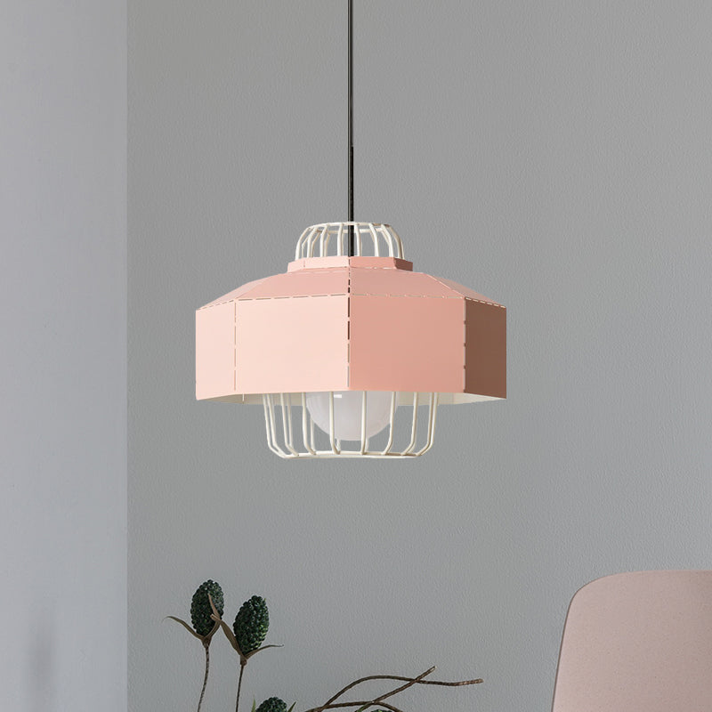 Laser Cut Ceiling Hanging Lantern Macaron Iron 1 Bulb Grey/Blue/Pink Pendant Light with Wire Cage Insert