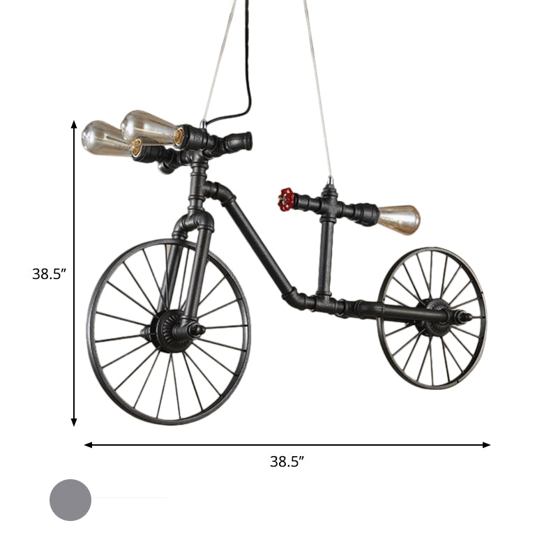 Iluminación colgante en forma de bicicleta de bronce estilo de metal antiguo 3 luces de techo interior con diseño de tubería
