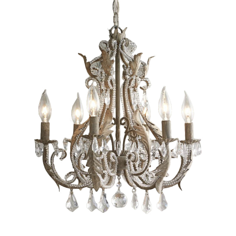 French Country Candle Chandelier 6 Lights Crystal Wrapped Hanging Light in Antiqued Grey