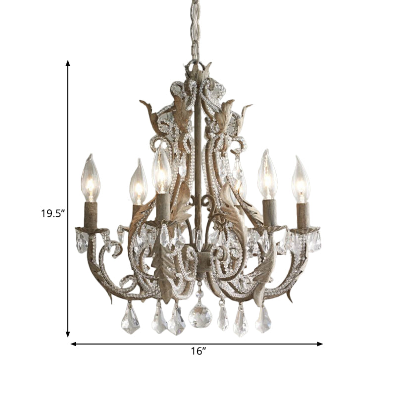 French Country Candle Chandelier 6 Lights Crystal Wrapped Hanging Light in Antiqued Grey