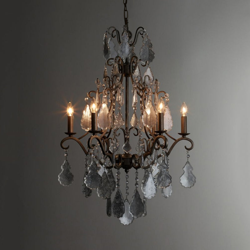 6 Lights Swirl Arm Candlestick Chandelier Rural Rust Metal Ceiling Pendant with Dangling K9 Crystal Accent