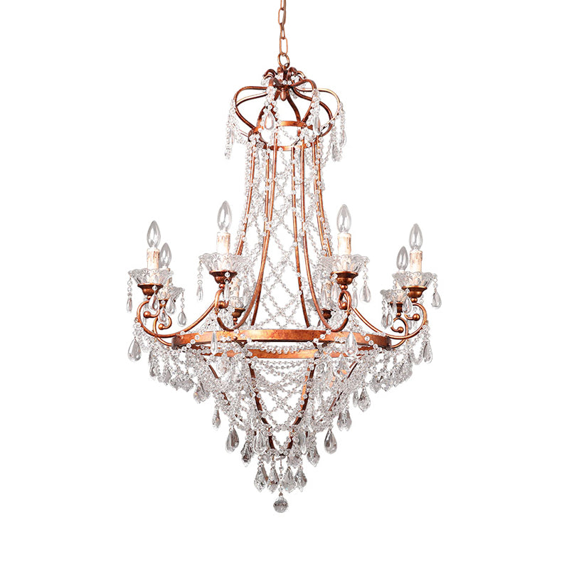 Rust 8 Heads Pendant Lighting Countryside Crisscrossed Crystal Strand Candle Style Chandelier